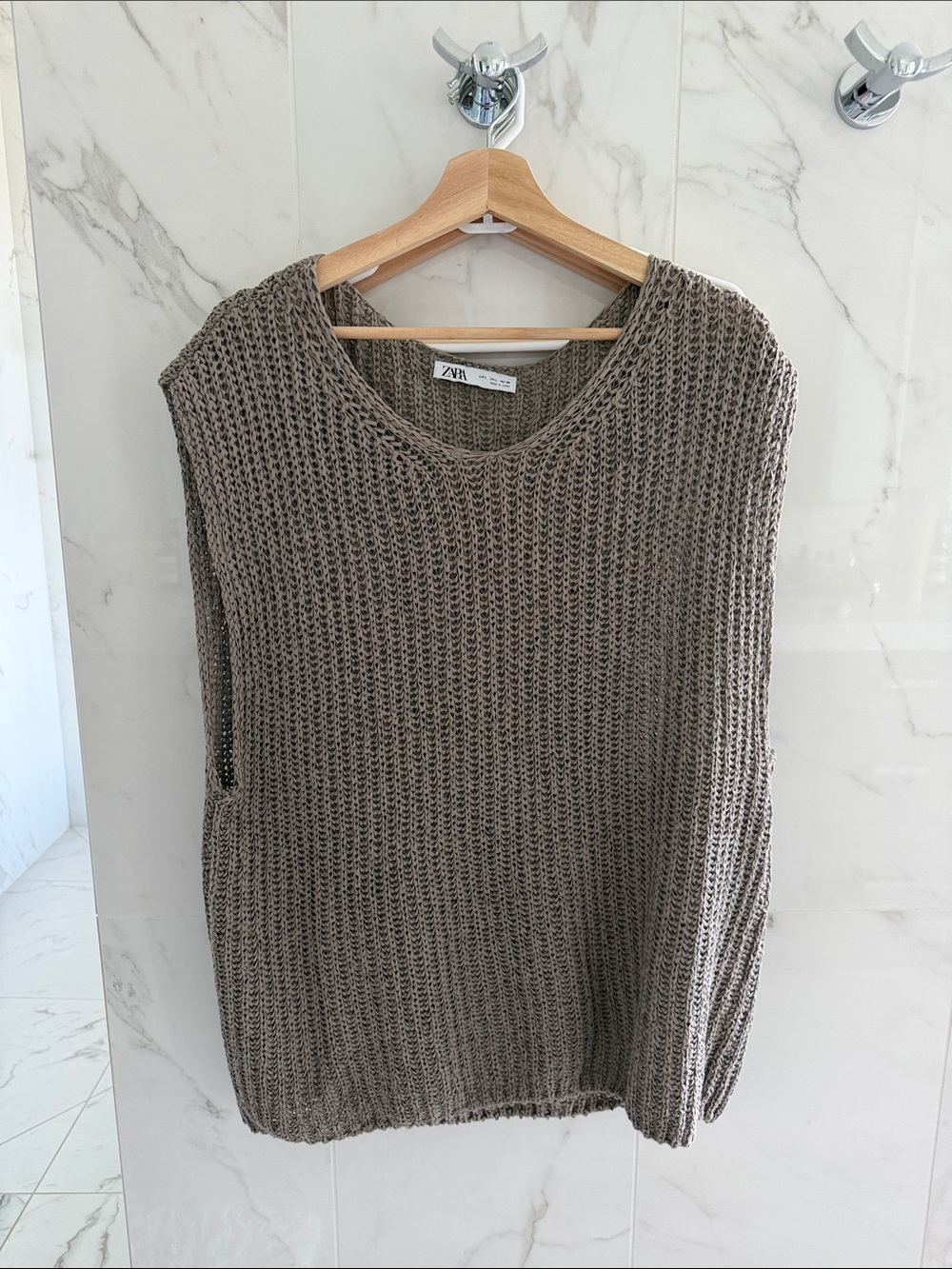 Zara Taupe Open-Knit Crewneck Sweater